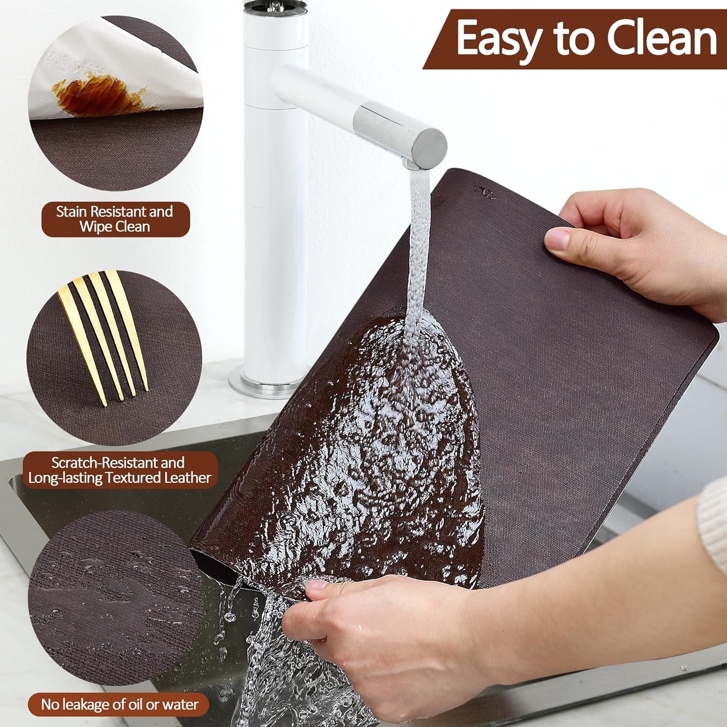 Faux Leather Placemats Set of 4 - Stain, Heat, and Spill Resistant, Non-Slip Design for Enhanced Dining and Kitchen Decor, 18 x 12 Inches (Dark Brown)