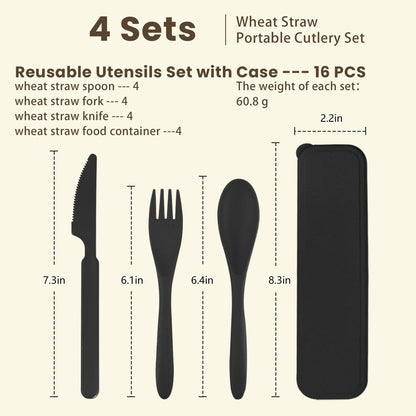 Premium Reusable Travel Utensils Set with Case - 4-Piece Wheat Straw Portable Cutlery for Work, Camping, Picnics, and School (Black)