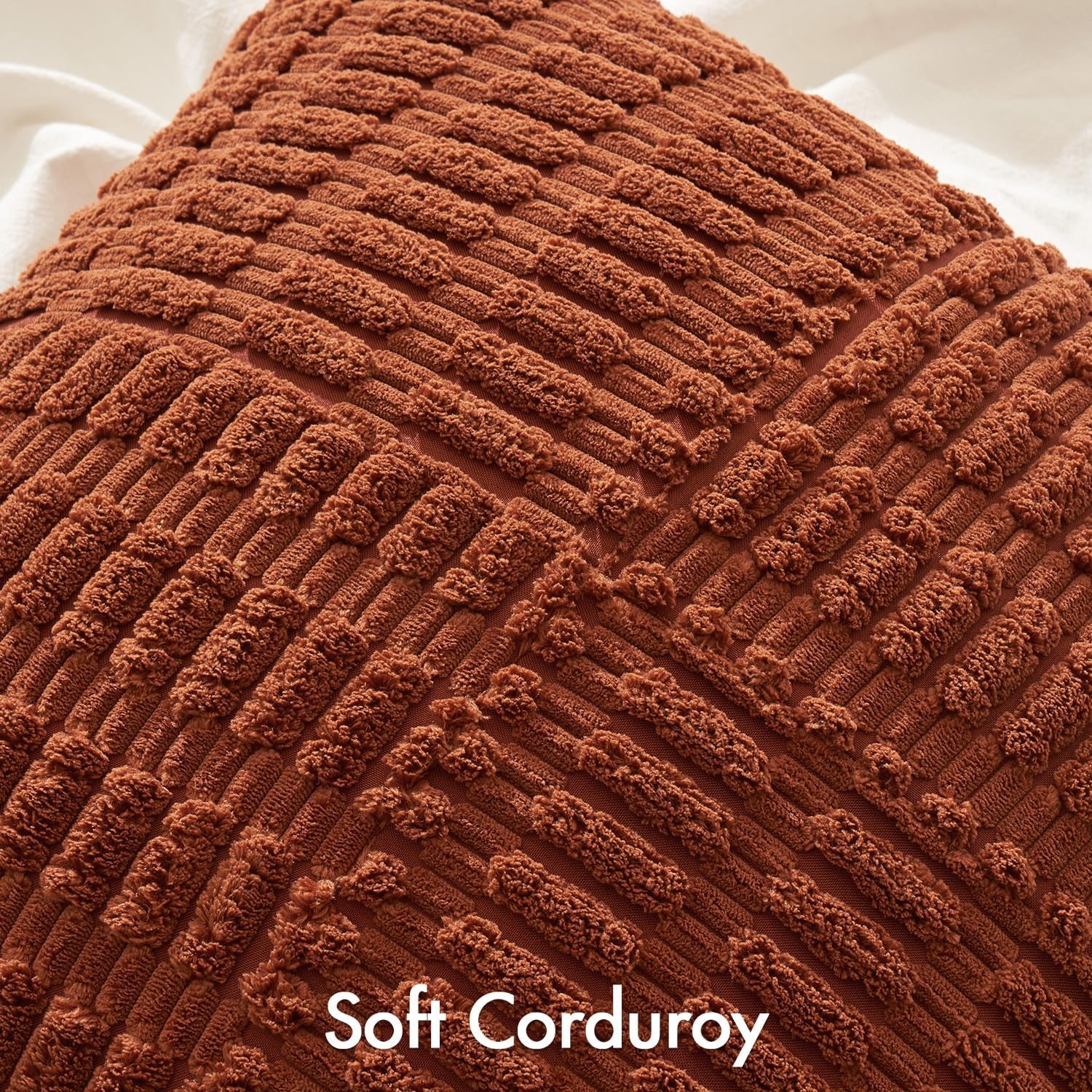 Fall Set of 2 Dark Rust Decorative Pillow Covers 18X18 Inch Textured Striped Patchwork Accents Farmhouse Boho Soft Corduroy Couch Pillows for Sofa Living Room Bed Home Decor