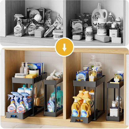 4 Pack under Sink Organizers and Storage, 2 Tier Black Bathroom Cabinet Organizer, Multi-Use Kitchen Bathroom Organizers and Storage