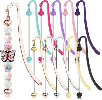 10 Pieces DIY Beadable Bookmarks Bulk, Metal Beadable Bookmarks Pendant Bar, Custom Book Charms Stainless Steel Chains, Craft Beaded Book Lanyards Chains for Students Teachers