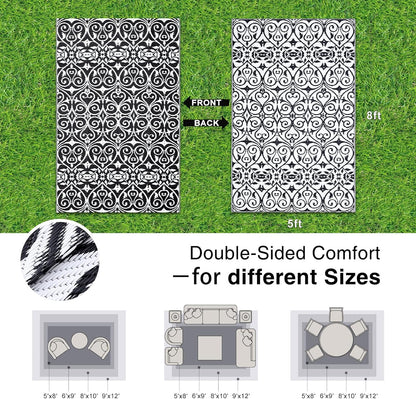 Outdoor Rug Waterproof 5X8 Ft Clearance, Reversible Outdoor Plastic Straw Rug with Floral Pattern, RV Mat for Patio, Camping, Balcony, Deck, Backyard, Black & White