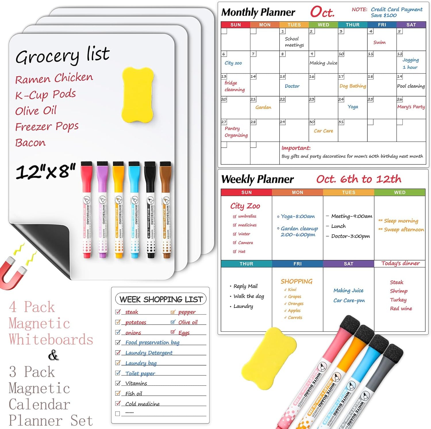 3 Pack Dry Erase Magnetic Calendar for Refrigerator - Monthly & Weekly & Daily Planner, 14"X11" + 4 Pack Magnetic Dry Erase Board Sheet for Fridge, 12"X8"