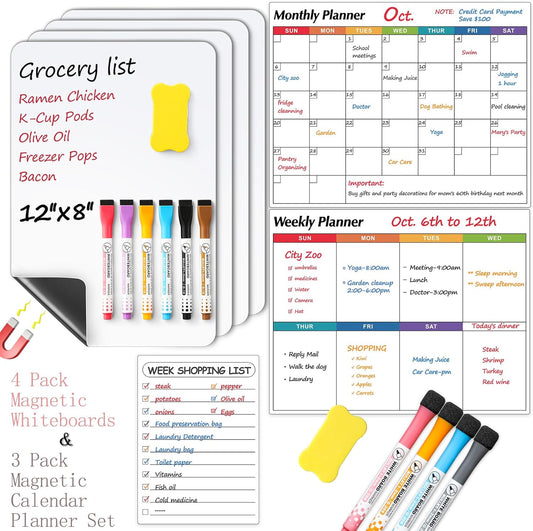 3 Pack Dry Erase Magnetic Calendar for Refrigerator - Monthly & Weekly & Daily Planner, 14"X11" + 4 Pack Magnetic Dry Erase Board Sheet for Fridge, 12"X8"