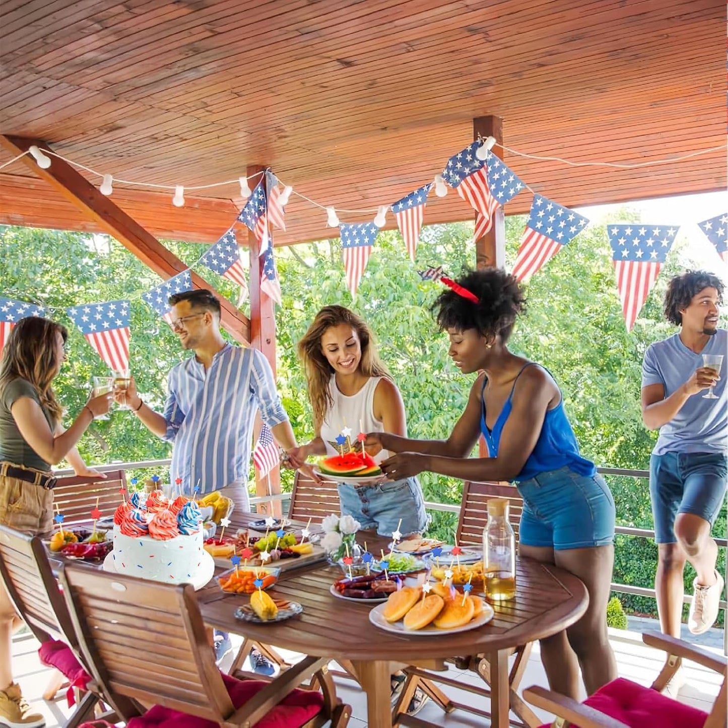 100PCS 4Th of July Cocktail Picks, Red White Blue Star Bamboo Toothpicks for Appetizers, 4.7 in Charcuterie Skewers Sticks for Fourth of July Party Supplies Independence Day Patriotic Decorations