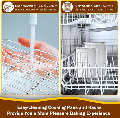 10.4 + 9 Inch Toaster Oven Pans with Racks, 4 Pieces Stainless Steel Oven Tray Baking Pan Sheet and Cooling Rack for Oven Cooking Roasting, Non Toxic & Dishwasher Safe