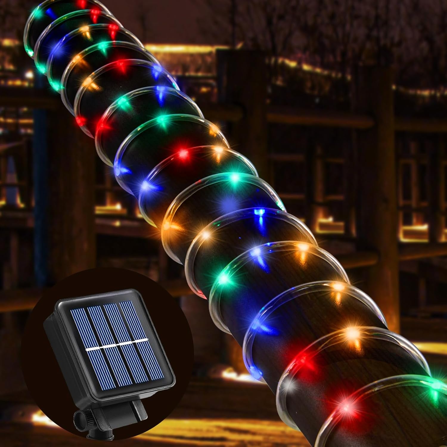 Solar String Lights with PVC Tube, 1 Pack, 33 Ft, 100 LED, Multi Color, 8 Modes, Durability, Waterproof, for Outdoor Use, Ideal for Garden, Patio, Yard, Wedding