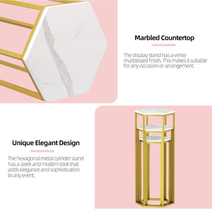 Cylinder Stands for Party, Set of 3 Gold Metal Hexagon Pedestal Stand with Marbled Countertop, Cake Flower Plant Pedestal Stands for Display Parties Wedding Birthday Decor, 3PCS, Gold