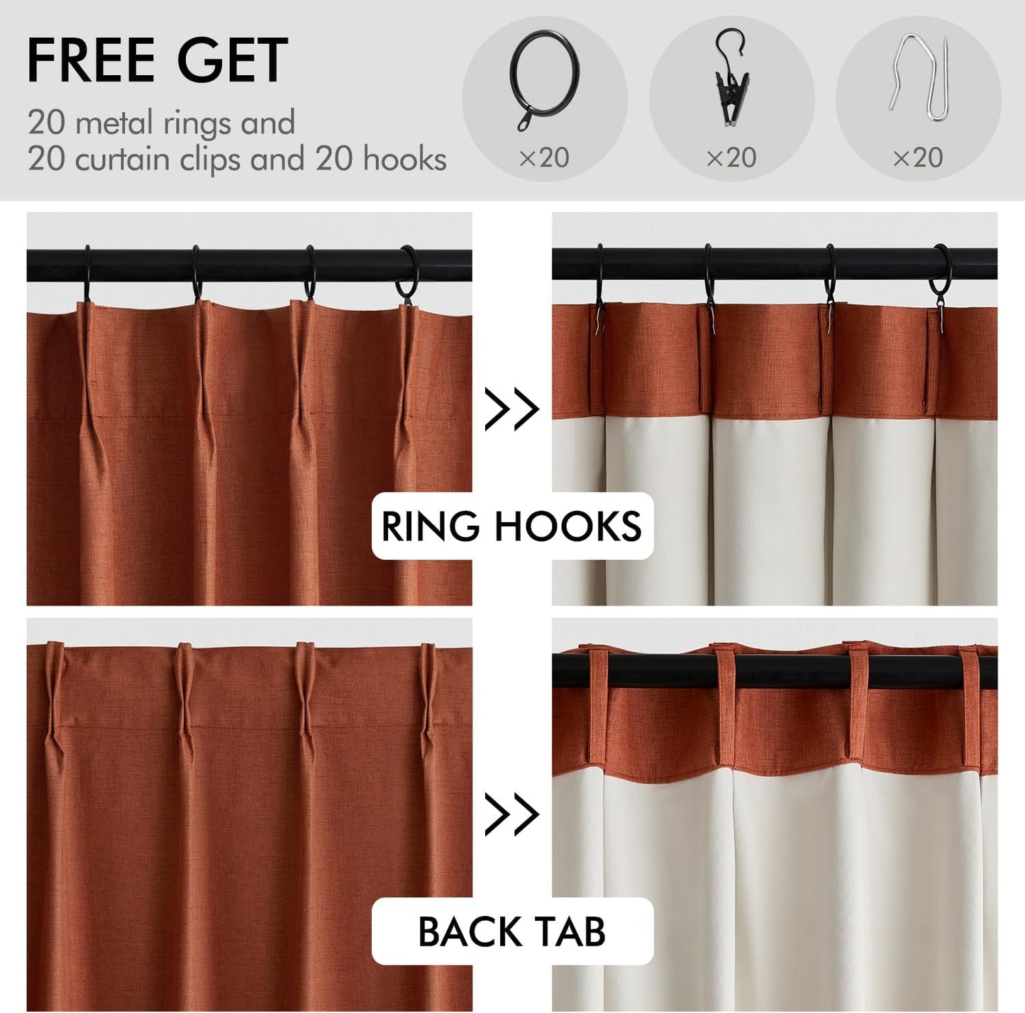 Burnt Orange 96-Inch Pinch Pleated Blackout Curtains, Linen Thermal Insulated Drapes with Hooks for Living Room and Bedroom - Set of 2 Panels