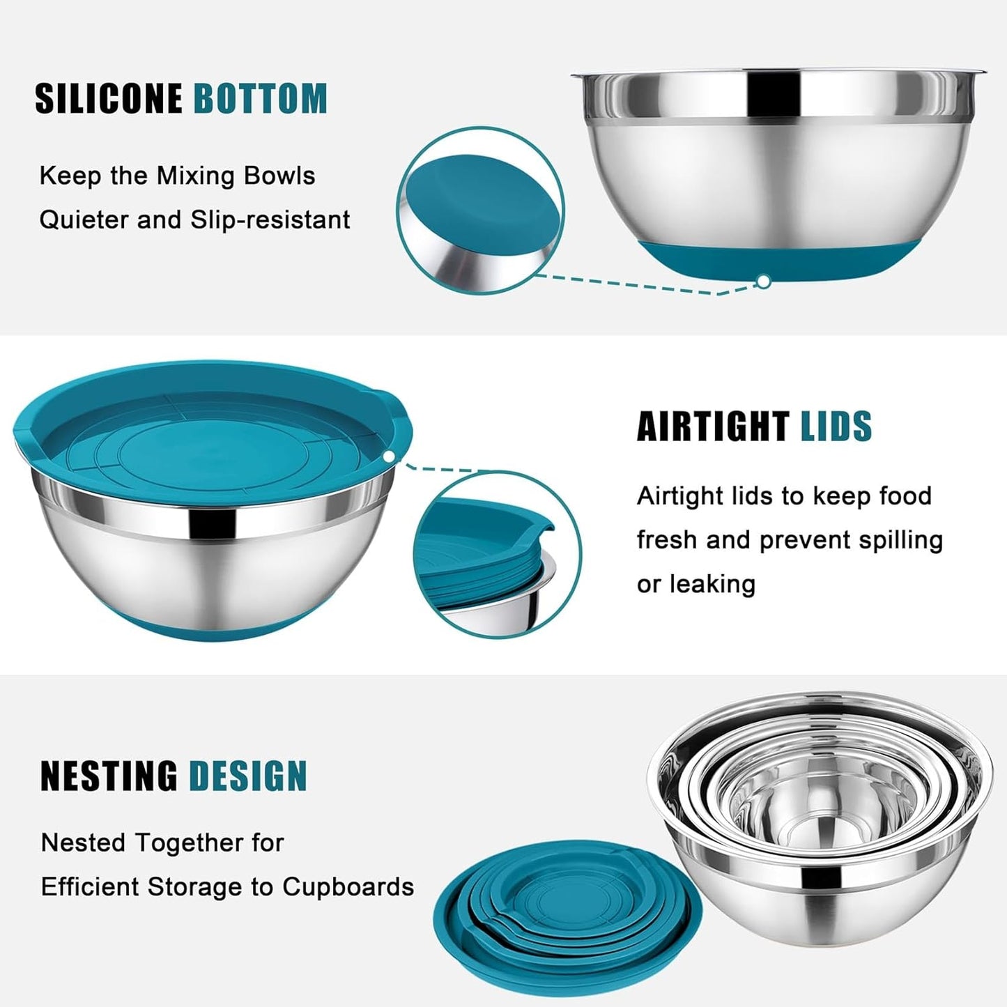 Mixing Bowl with Lid Set, 5 Piece Stainless Steel Mixing Nesting Bowls for Salad Storage, 3 Grater Attachments & Non-Slip Bottoms, Size 1/1.5/2 / 2.6/4.6 QT, Blue
