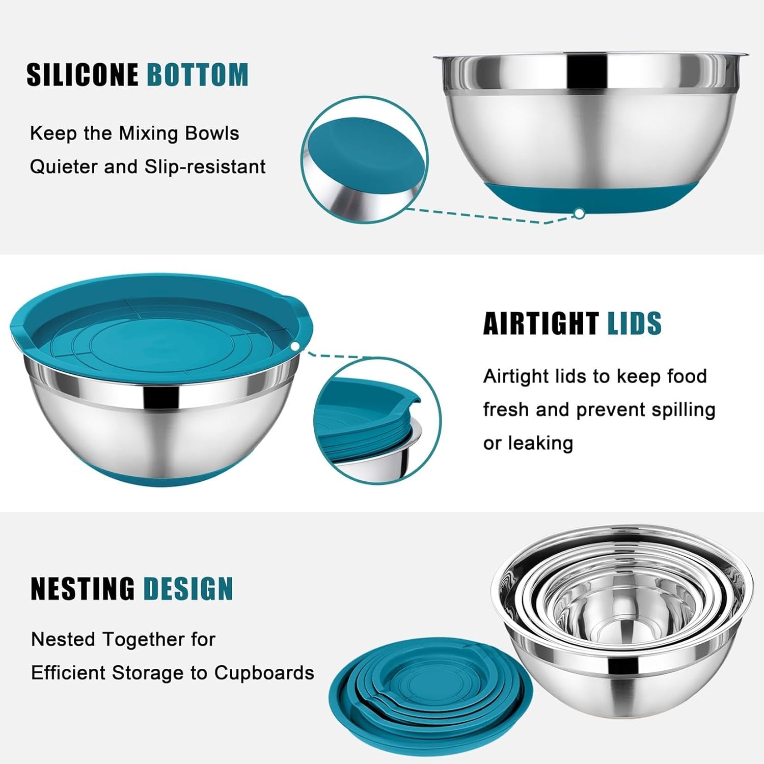Mixing Bowl with Lid Set, 5 Piece Stainless Steel Mixing Nesting Bowls for Salad Storage, 3 Grater Attachments & Non-Slip Bottoms, Size 1/1.5/2 / 2.6/4.6 QT, Blue
