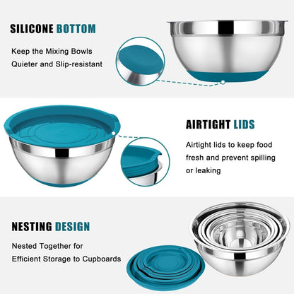 Mixing Bowl with Lid Set, 5 Piece Stainless Steel Mixing Nesting Bowls for Salad Storage, 3 Grater Attachments & Non-Slip Bottoms, Size 1/1.5/2 / 2.6/4.6 QT, Blue