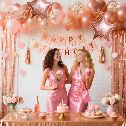 Rose Gold Happy Birthday Party Decorations for Girls, Happy Birthday Banner, Rose Gold Fringe Curtain, Hanging Swirls, Heart & Star Foil Balloons, Confetti Latex Balloons, Party Supplies for Women