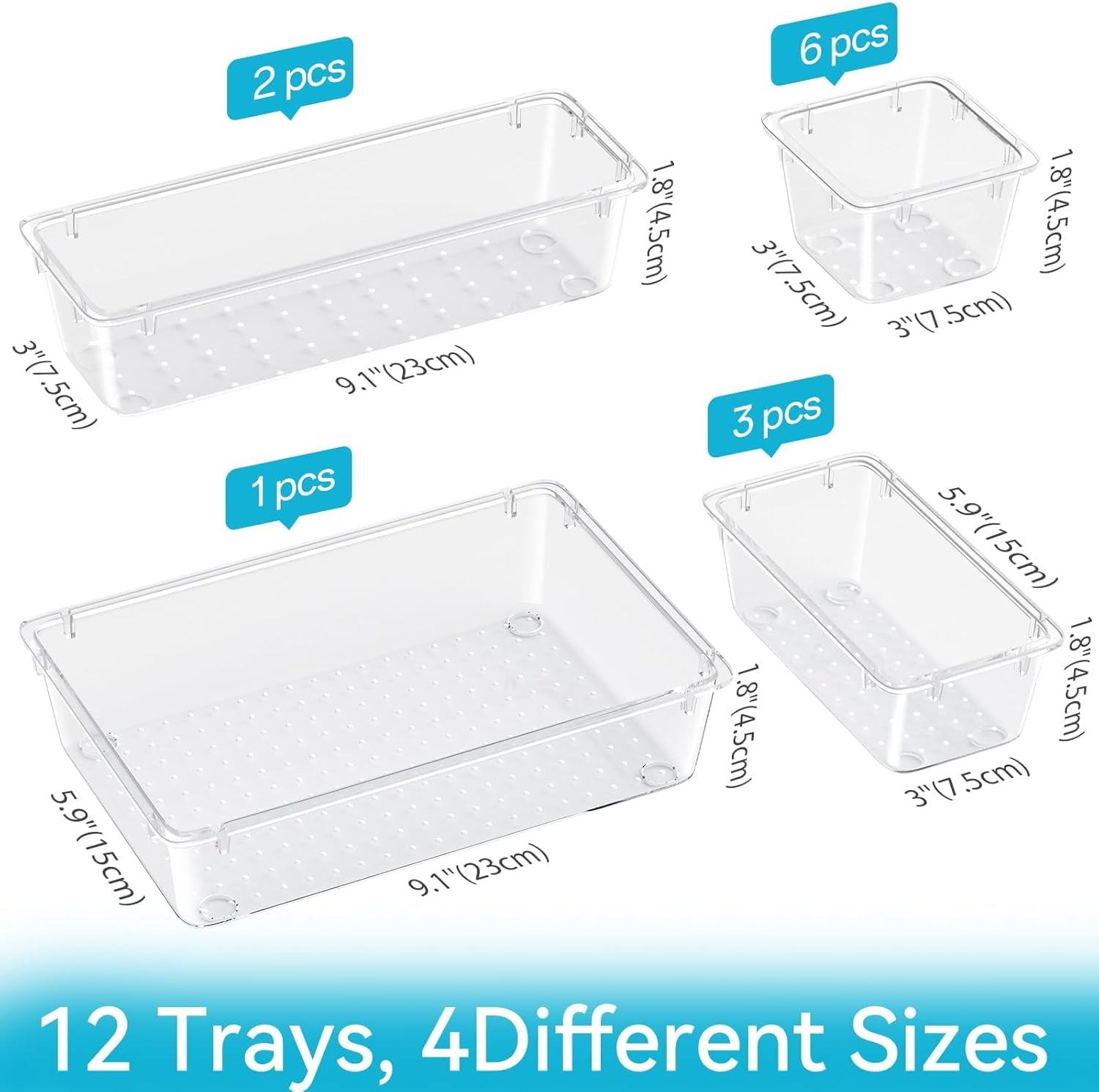 12 PCS Drawer Organizer Set, 4 Sizes Storage Drawer Units, Clear Plastic Makeup Vanity Organizer and Storage Bins for Makeup, Stationeries, Multiple Gadgets for Bathroom, Office, Bedroom