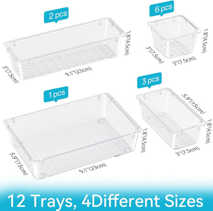 12 PCS Drawer Organizer Set, 4 Sizes Storage Drawer Units, Clear Plastic Makeup Vanity Organizer and Storage Bins for Makeup, Stationeries, Multiple Gadgets for Bathroom, Office, Bedroom
