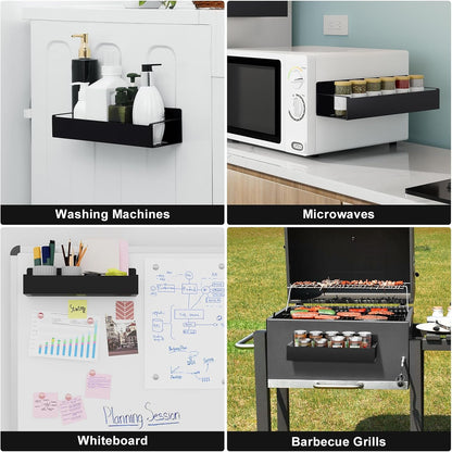 Magnetic Spice Rack for Refrigerator，Fridge Organizer for Kitchen Organization and Storage, 4 Pack (Black) Metal Shelf with 8 Moveable Hooks