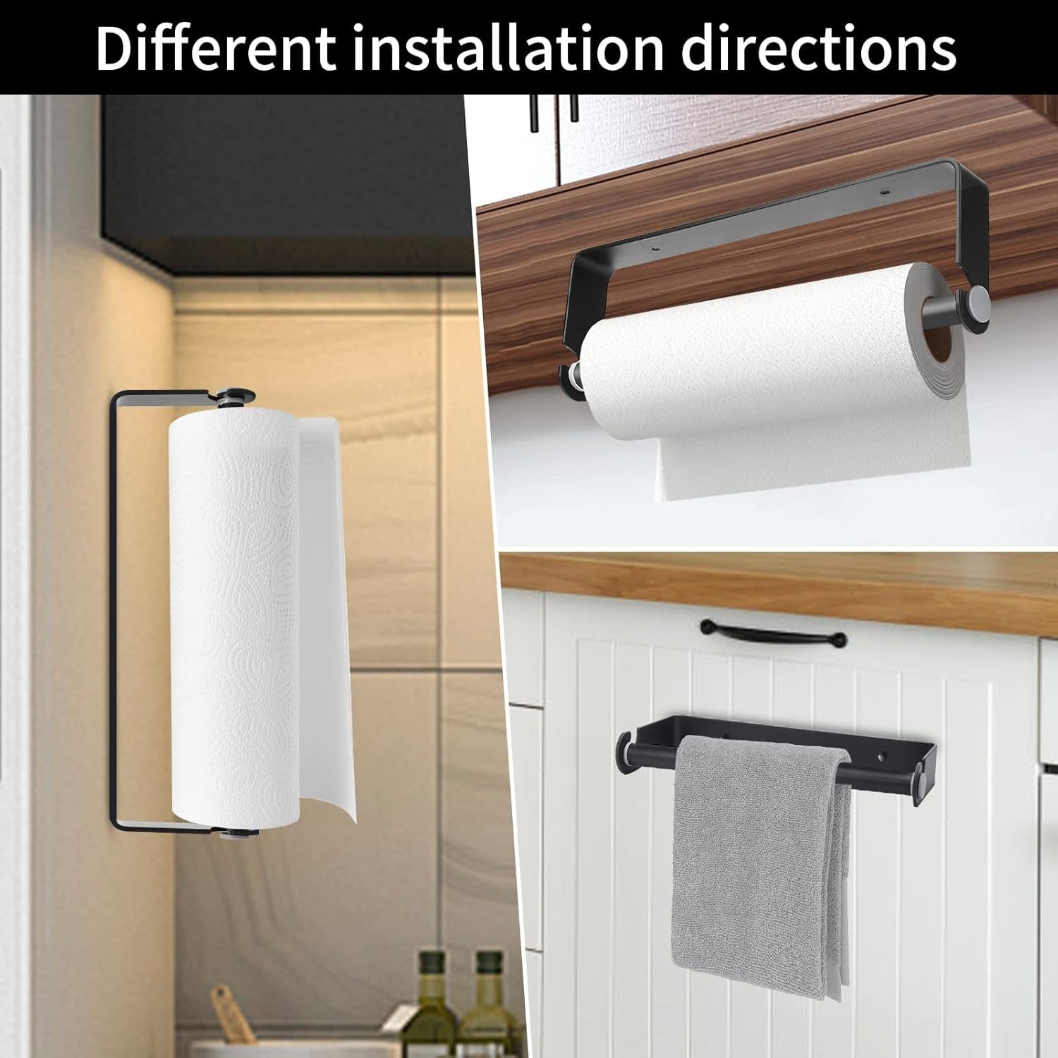 Under Cabinet Paper Towel Holder, Adhesive or Drill Mount Paper Towel Holder, Wall Mount Paper Towel Holders for Kitchen or Bathroom (Black)