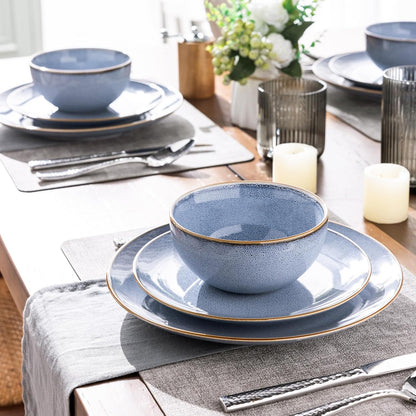 Ceramic Dinnerware Set for Four - 12-Piece Stoneware Plate and Bowl Collection with Reactive Glaze, Scratch Resistant, Dishwasher and Microwave Safe - Brunnera Blue