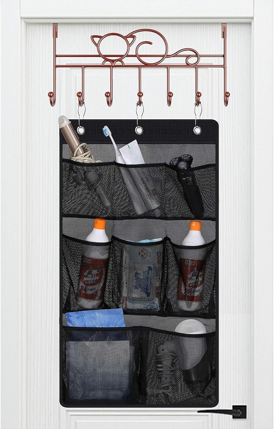 Mesh Shower Caddy Hanging Bathroom Organizer Storage with 2 Large Pockets 3 Rings Hang Curtain Rod for Dorm Cruise RV, Black