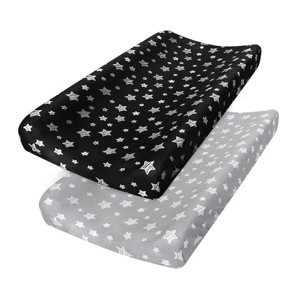 Changing Pad Cover for Boys Girls 2 Pack, Lovely Print Soft Unisex Diaper Change Table Sheets, Fit 32"X16" Contoured Pad, Comfy Cozy 2-Pack Cradle Sheets, Grey & Black
