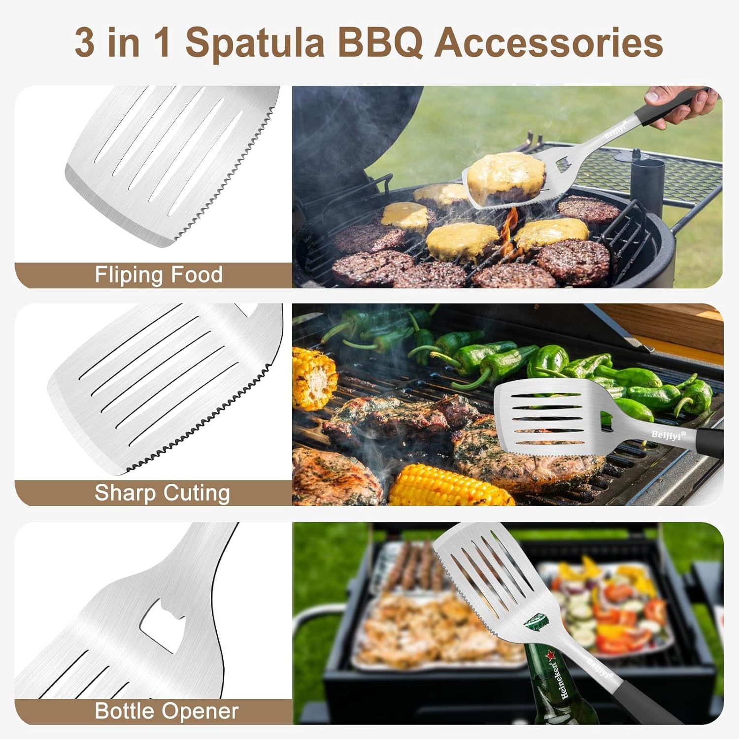Stainless Steel Grill Spatula for Outdoor Grill, Heavy Duty Metal BBQ Spatula Set with Serrated, Silicone Handle, Solid and Slotted Turner, Grill Tools Burger Spatula for Grilling Cooking