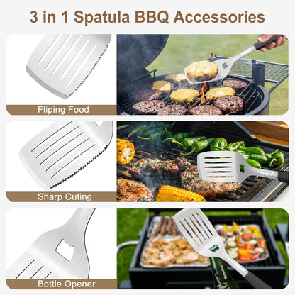 Stainless Steel Grill Spatula for Outdoor Grill, Heavy Duty Metal BBQ Spatula Set with Serrated, Silicone Handle, Solid and Slotted Turner, Grill Tools Burger Spatula for Grilling Cooking
