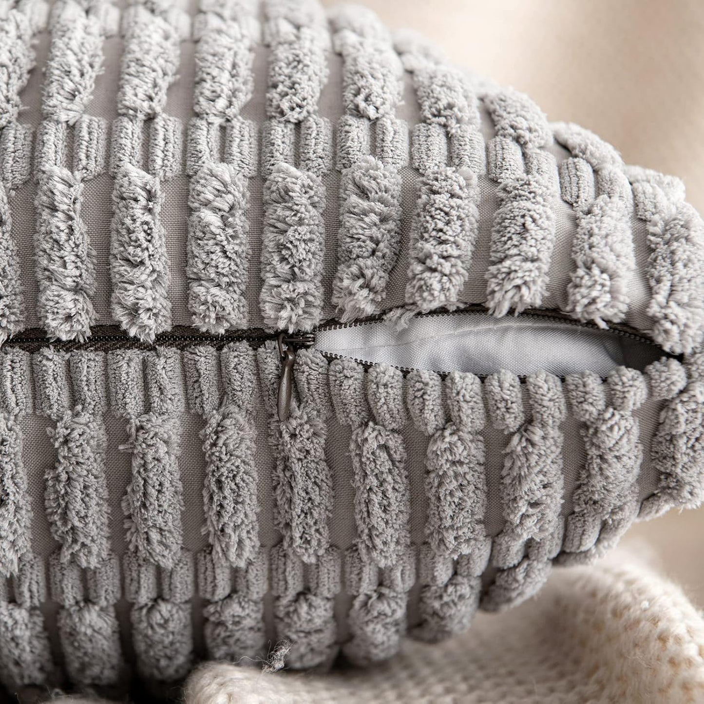 Pack of 2 Corduroy Decorative Throw Pillow Covers 18X18 Inch Soft Boho Striped Pillow Covers Modern Farmhouse Home Decor for Sofa Living Room Couch Bed Light Grey