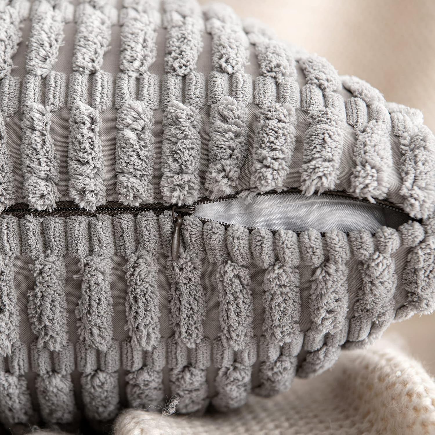 Pack of 2 Corduroy Decorative Throw Pillow Covers 18X18 Inch Soft Boho Striped Pillow Covers Modern Farmhouse Home Decor for Sofa Living Room Couch Bed Light Grey