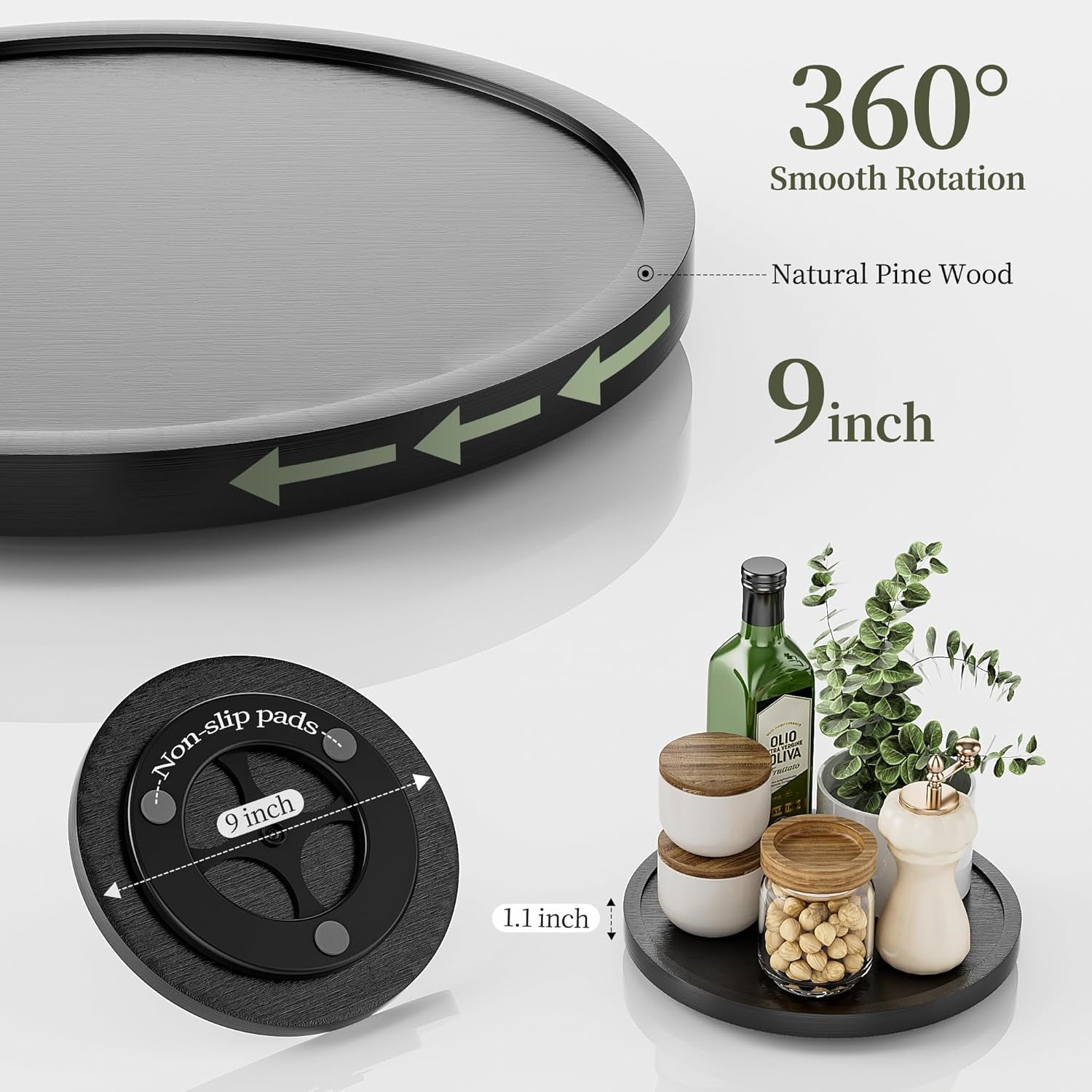 9'' Wood Lazy Susan Organizer Turntable for Cabinet, Lazy Susan for Table Top, Pantry, Kitchen, Bathroom, Countertop, Rotating Spice Organizer, Vanity Decor Tray, Pine Wood, Black