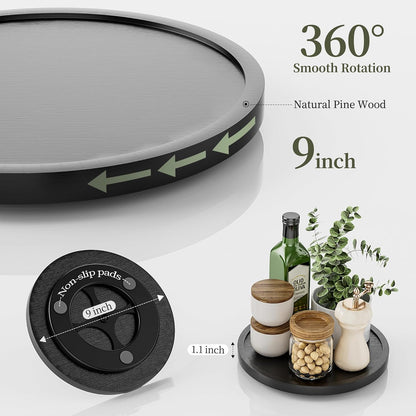 9'' Wood Lazy Susan Organizer Turntable for Cabinet, Lazy Susan for Table Top, Pantry, Kitchen, Bathroom, Countertop, Rotating Spice Organizer, Vanity Decor Tray, Pine Wood, Black