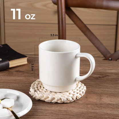 Stackable Ceramic Coffee Mugs Set of 12, 11oz Porcelain Mugs for Latte, Cappuccino, and Cocoa - Dishwasher and Microwave Safe, Off White
