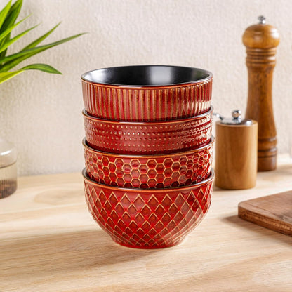 Set of 4 Textured Stoneware Cereal Bowls, 24 Oz Ceramic Soup Bowls Ideal for Soup, Oatmeal, and Snacks - Rythmic Red, Perfect for Weddings and Housewarming Gifts