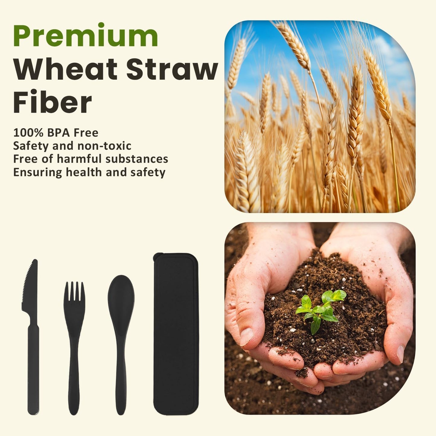 Premium Reusable Travel Utensils Set with Case - 4-Piece Wheat Straw Portable Cutlery for Work, Camping, Picnics, and School (Black)