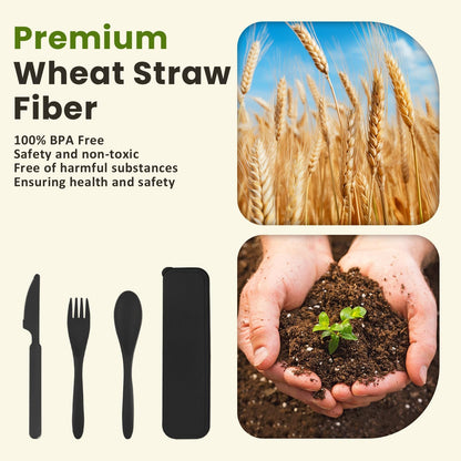 Premium Reusable Travel Utensils Set with Case - 4-Piece Wheat Straw Portable Cutlery for Work, Camping, Picnics, and School (Black)