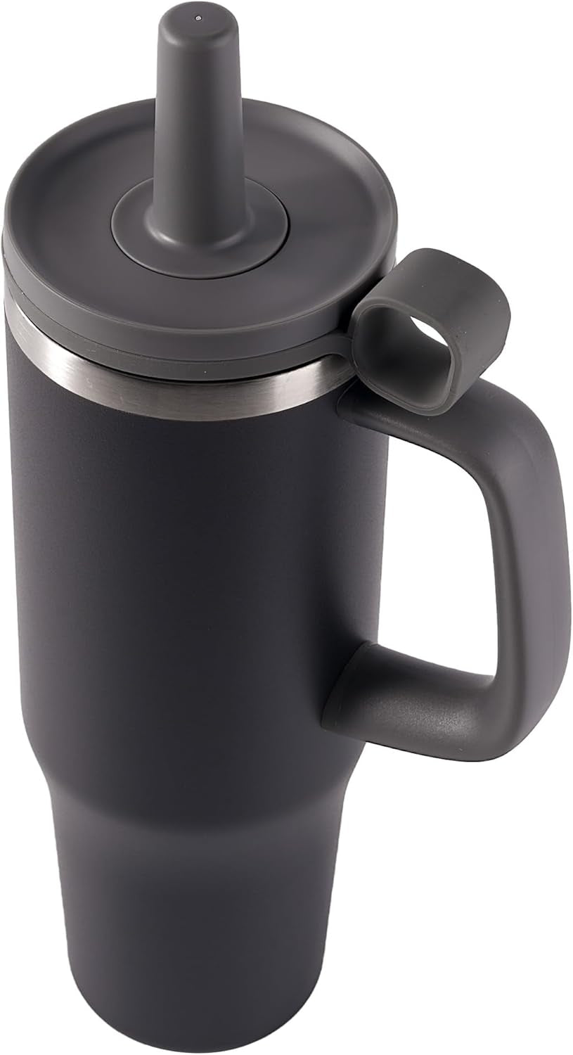 32Oz Tumbler, Insulated Stainless Steel Water Bottle with Straw, Cover Cap, Leak Proof Travel Tumbler with Handle, Bpa-Free, Cupholder Friendly, Gifts for Women & Men, Black