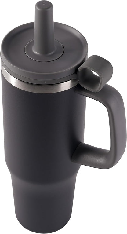 32Oz Tumbler, Insulated Stainless Steel Water Bottle with Straw, Cover Cap, Leak Proof Travel Tumbler with Handle, Bpa-Free, Cupholder Friendly, Gifts for Women & Men, Black