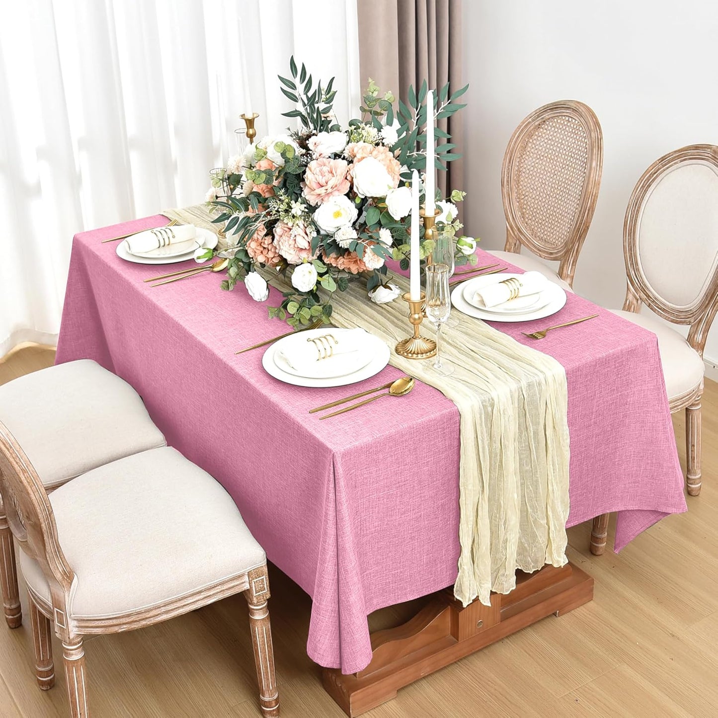 Faux Linen Tablecloths for Rectangle Tables - Water and Stain Resistant Farmhouse Style, Washable Burlap Textured Covers for Dining and Events (2 Pack, 52x70 Inch, Pink)