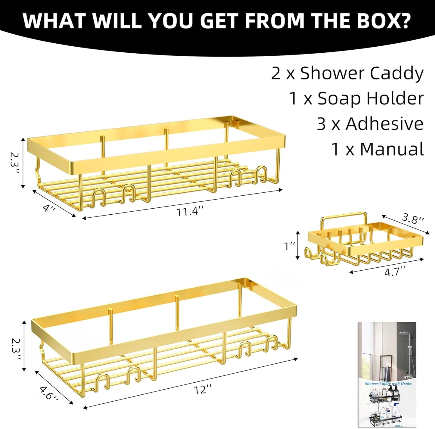 3-Pack Shower Caddy Basket Shelf with Soap Holder, No Drilling Traceless Adhesive Shower Wall Shelves, Rustproof Gold Bathroom Shower Storage Organizer