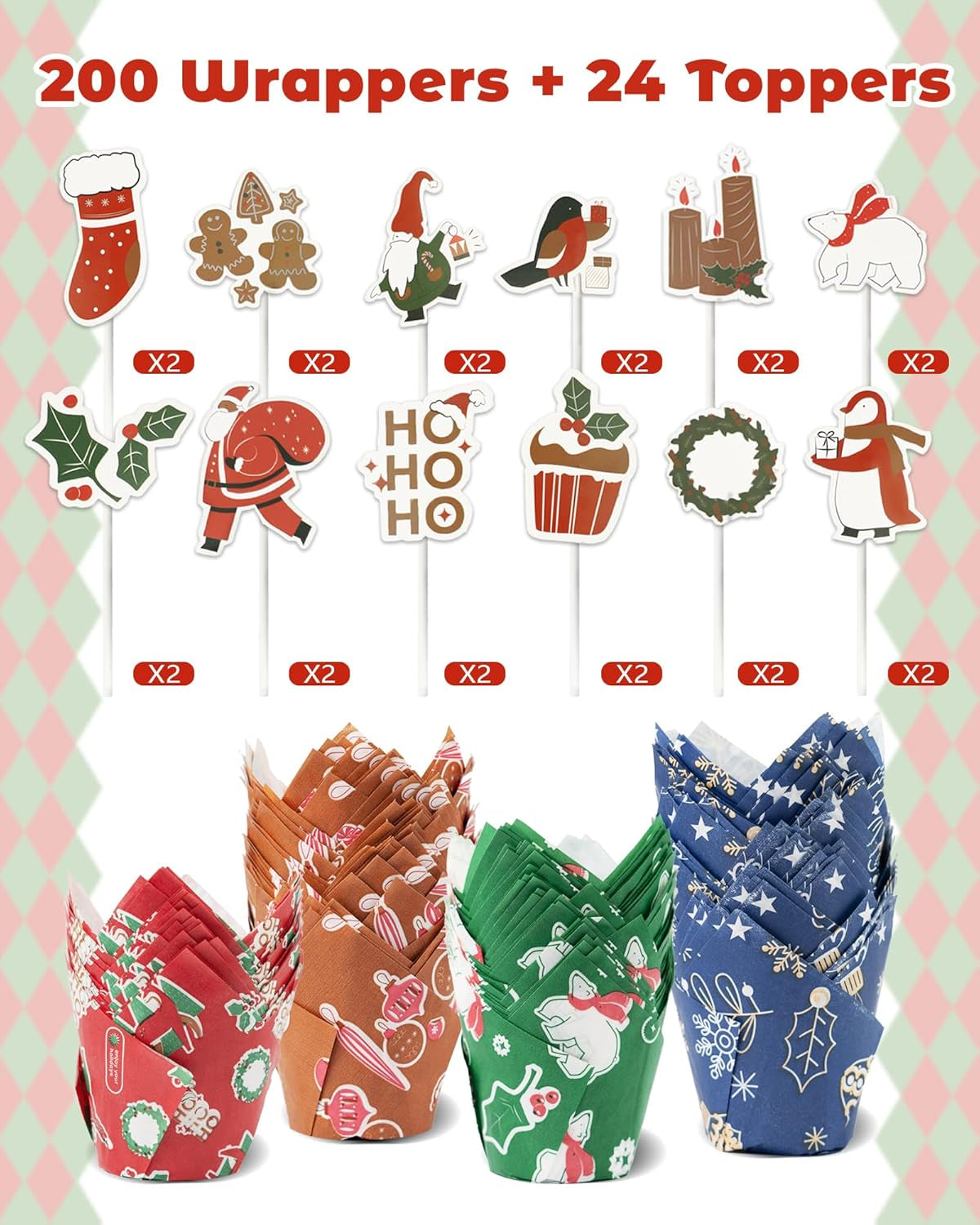 200 Pcs Christmas Tulip Cupcake Liners with 24 Pcs Cupcake Toppers, Cupcake Liners, Tulip Cupcake Liners for Baking, Standard Tulip Muffin Liners for Christmas Holiday