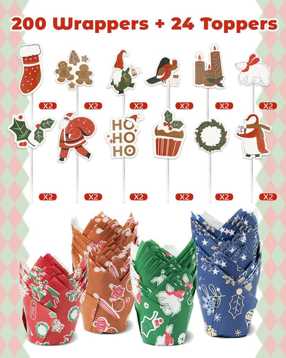 200 Pcs Christmas Tulip Cupcake Liners with 24 Pcs Cupcake Toppers, Cupcake Liners, Tulip Cupcake Liners for Baking, Standard Tulip Muffin Liners for Christmas Holiday