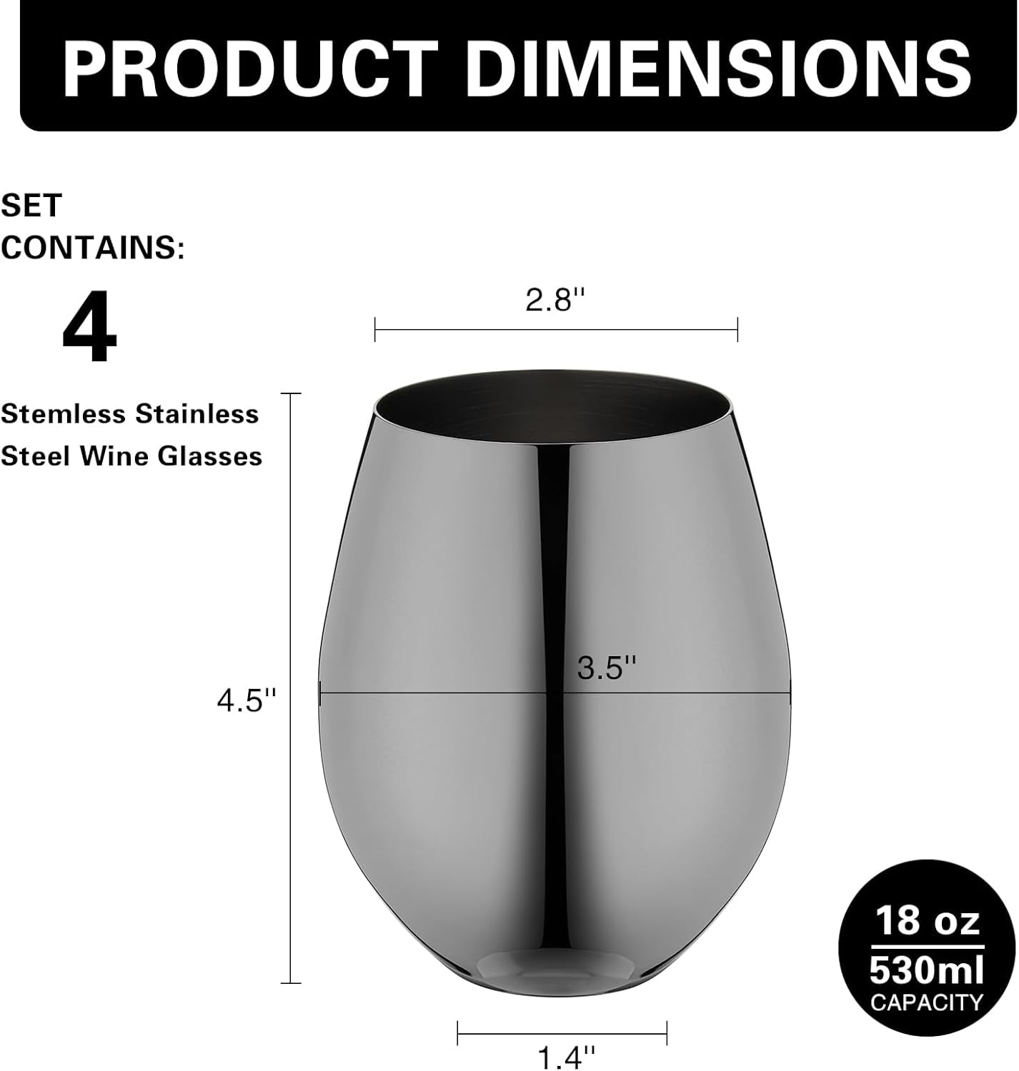 Black Stainless Steel Wine Glasses Set of 4, 18Oz Unbreakable Stemless Metal Wine Glass for Outdoor, Travel, Camping, Pool