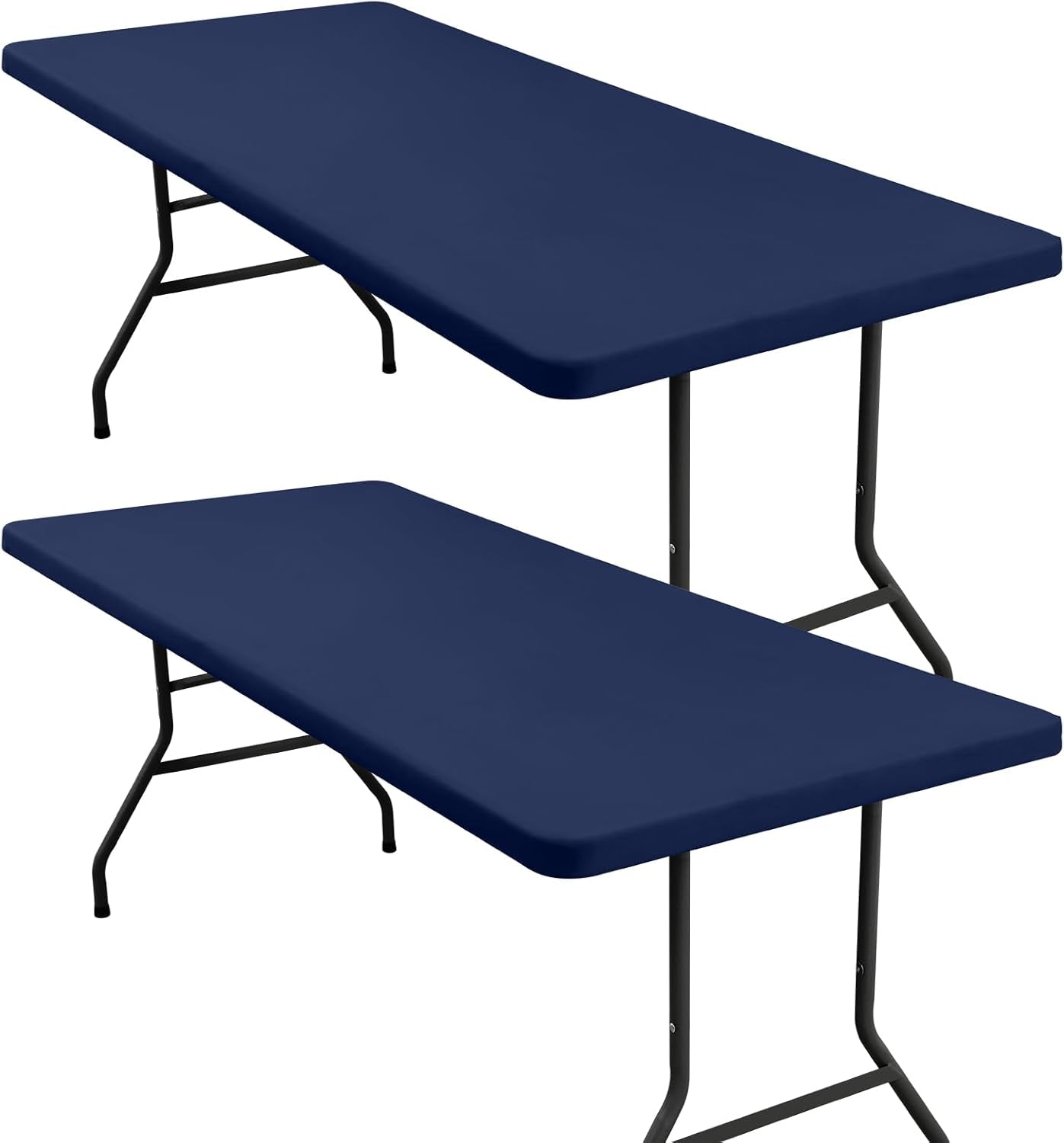 2 Pack 6 Foot Rectangle Elastic Fitted Tablecloth, Waterproof Fabric Table Cover, Washable Polyester Table Cloth for Picnic, Camping, Outdoor (Navy, 30" X 72")