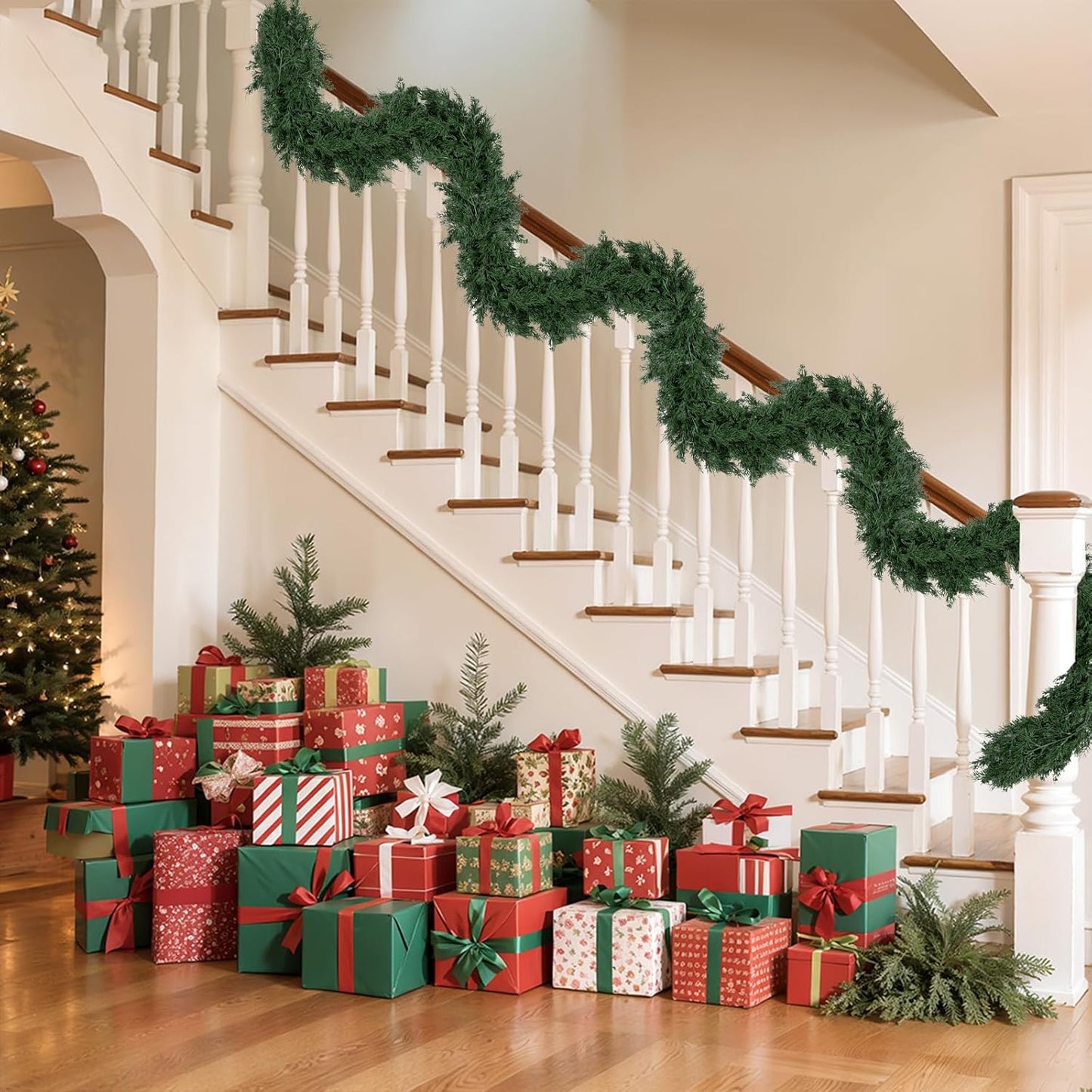 2Pcs Artificial Cedar Garland Real Touch Winter Pine Seasonal Christmas Greenery Garland for Table Mantle Background Wall Decorations (2, 6.4 FT)