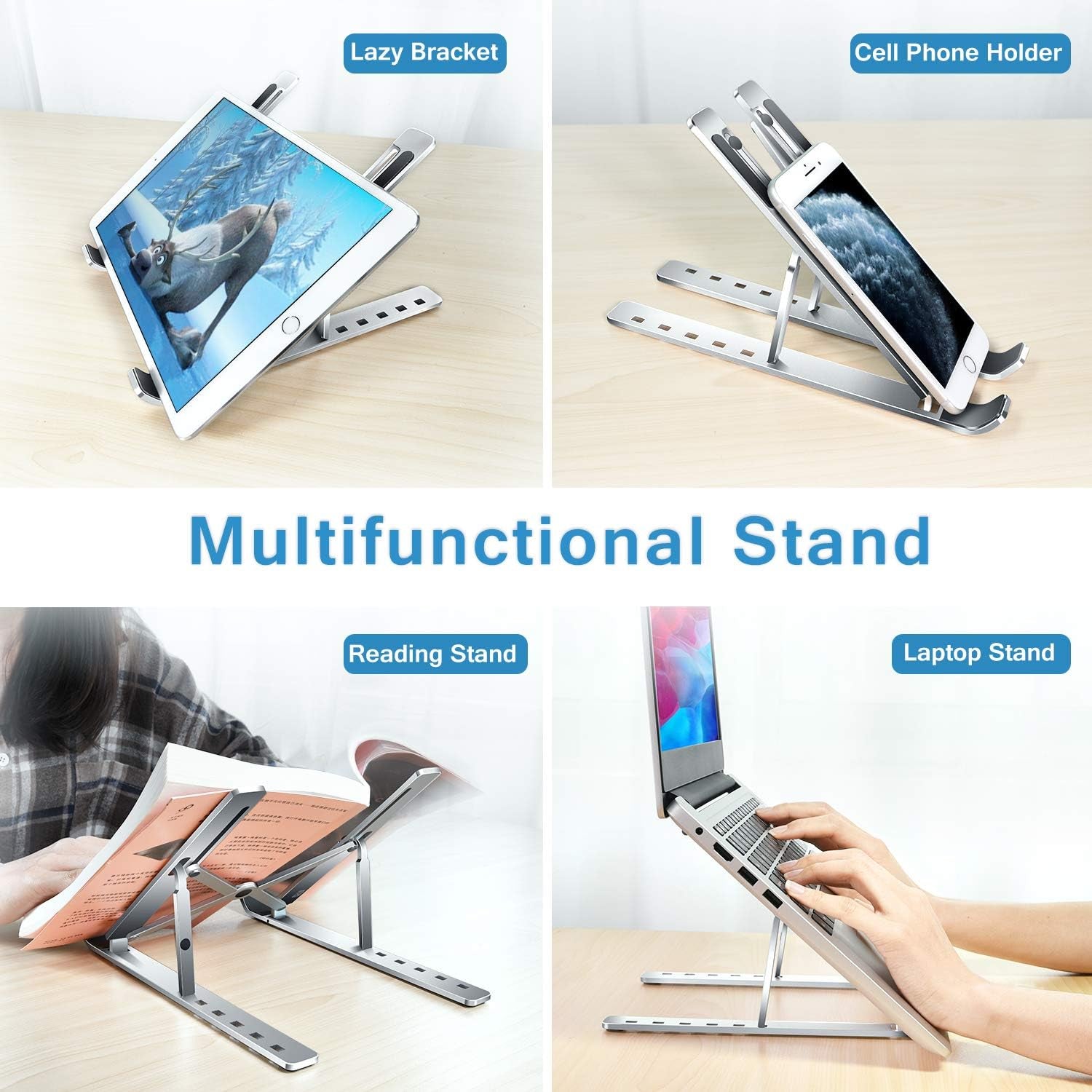 Laptop Stand, Laptop Holder Riser Computer Tablet Stand, 6 Angles Adjustable Aluminum Ergonomic Foldable Portable Desktop Holder Compatible with 10-15.6” Macbook,Ipad, HP, Dell, Lenovo Silver