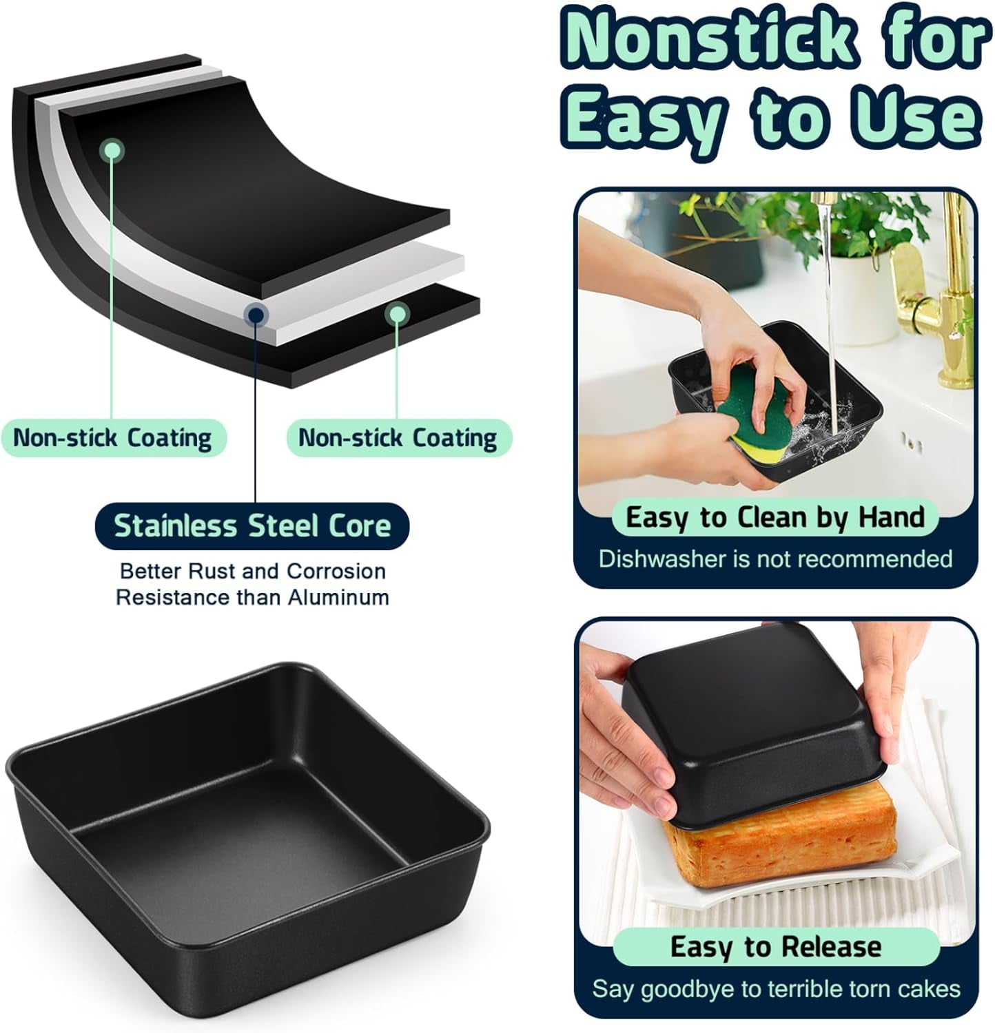 6 Inch Square Cake Pan, Nonstick Square Baking Pan for Cake Brownie Lasagna, Stainless Steel Core for Sturdy Structure, Non-Toxic & Oven Safe, Black, 1Pc