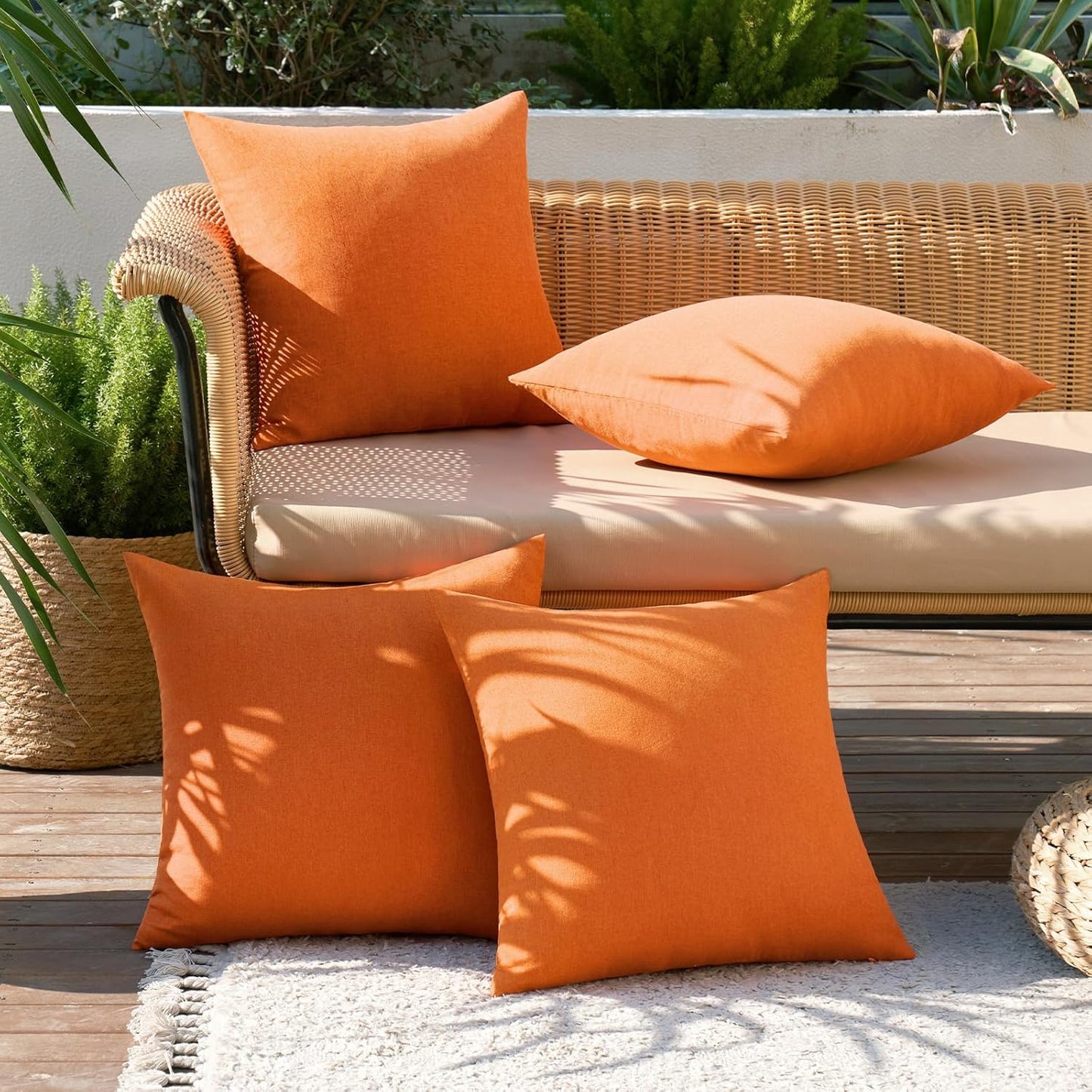 Fall Pack of 4 Decorative Bright Orange Throw Pillow Covers Linen Waterproof Pillow Covers Outdoor Farmhouse Cushion Cases for Halloween Patio Garden Tent Balcony Couch Sofa 18X18 Inch