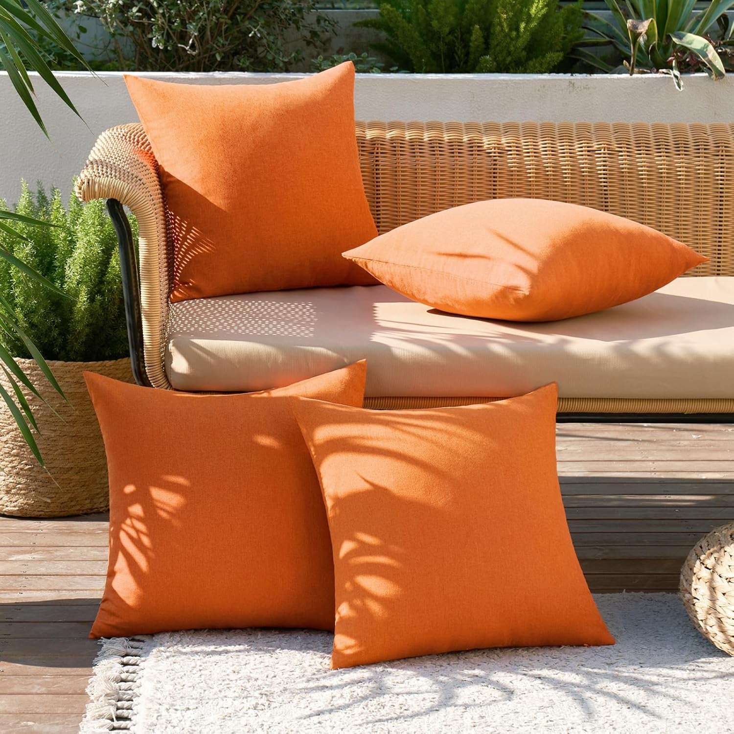 Fall Pack of 4 Decorative Bright Orange Throw Pillow Covers Linen Waterproof Pillow Covers Outdoor Farmhouse Cushion Cases for Halloween Patio Garden Tent Balcony Couch Sofa 18X18 Inch