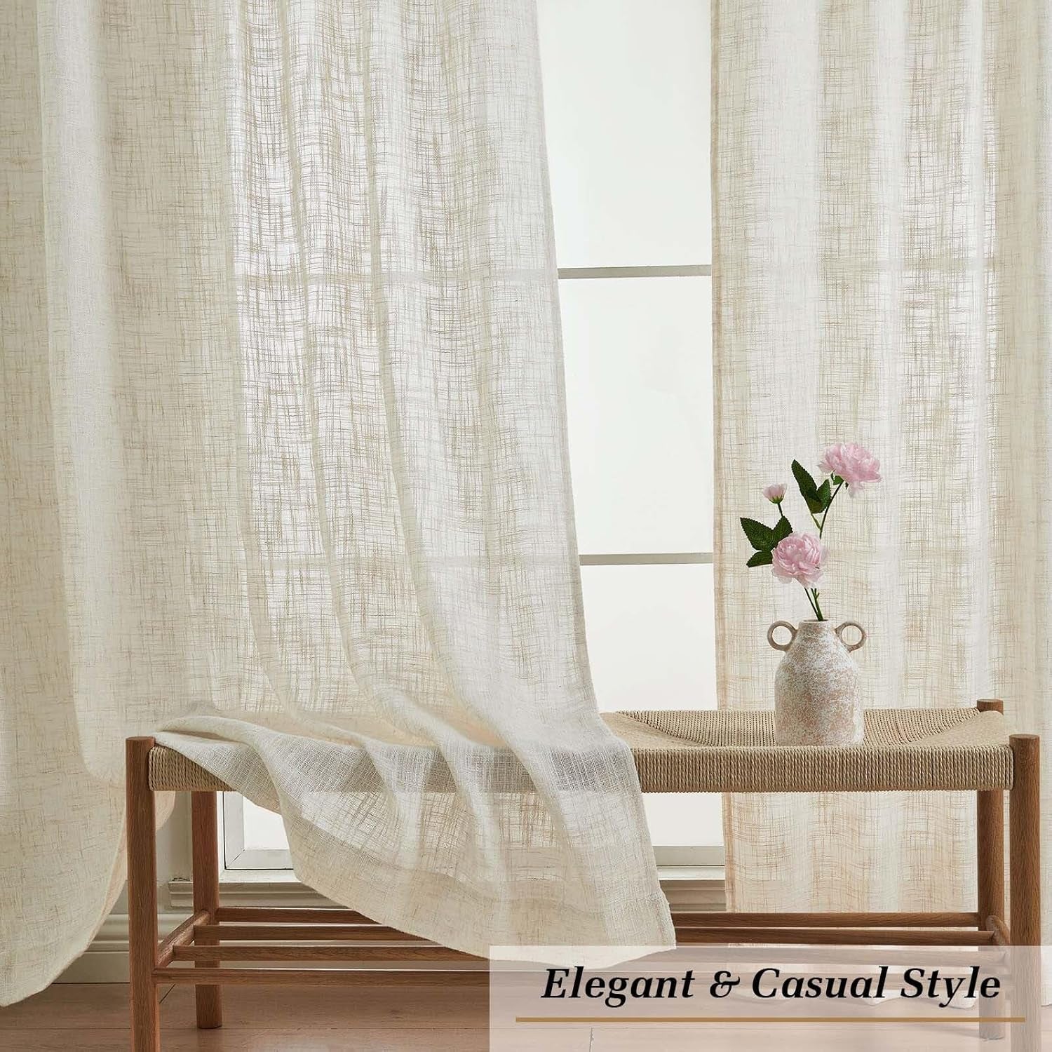 Natural Linen Curtains for Bedroom Living Room 63 Inch Length 2 Panels Set, Thick Textured Burlap Linen Blend Light Filtering Boho Farmhouse Dining Room Curtains, Natural, Each 42" W X 63" L