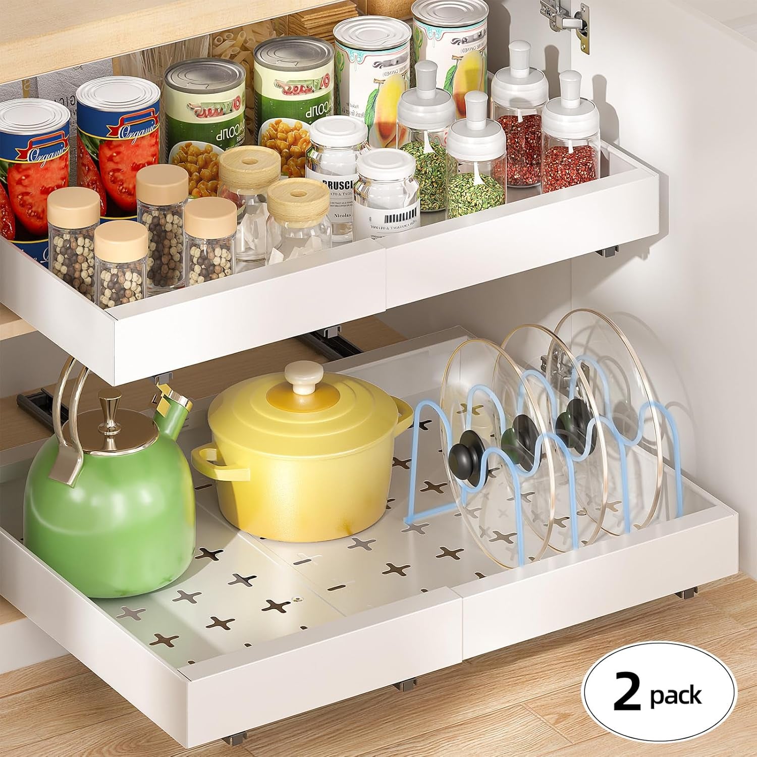 2 Pack 16" Deep Pull Out Cabinet Organizer with 6 Dividers, Expandable (11.7" -20" W) Pull Out Drawers for Cabinets, Cabinet Trays Pull Out for Cabinets in Kitchen, Pantry or Bathroom