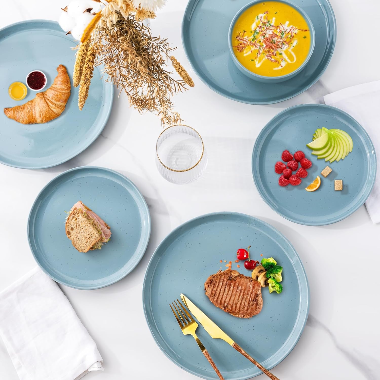 Ceramic Dinnerware Set for Four - 12-Piece Stoneware Plates and Bowls, Handmade, Chip and Scratch Resistant, Dishwasher and Microwave Safe